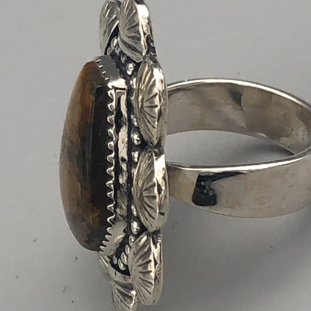 Navajo Handmade Tiger's Eye Sterling Silver Ring Size 8 Adjustable Concho Sun